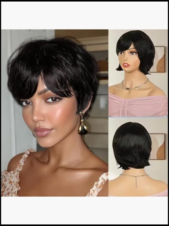 Human Hair Pixie Wig with Bangs Glueless Short Wavy Bob Hair Replacement main image 7
